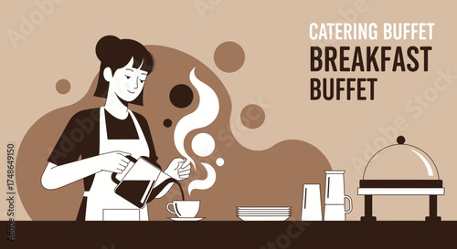Stylized Cafe Worker Preparing Coffee for Catering Buffet Breakfast Service Offering