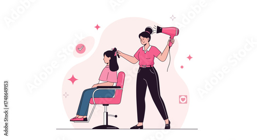 Stylist Styling and Drying Hair of the Customer in A Stylish Pink Salon Setting