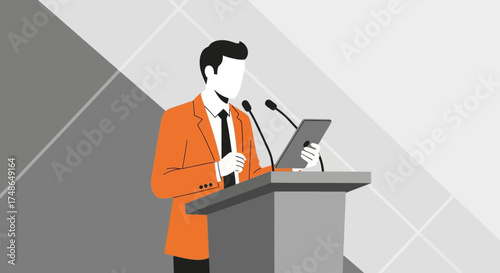 Speaker Delivering A Presentation With The Use Of Modern Technology On Podium In Modern Style