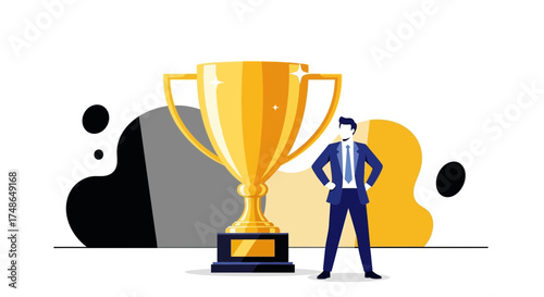 Success Achieved: A Businessman Standing Proudly Beside A Large Golden Trophy