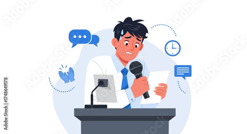 Speaker Experiencing Stage Fright At Podium, Nervous Expression Shows Pressure And Anxiety