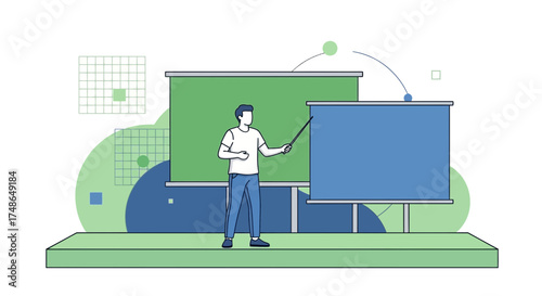 Speaker Explaining Presentation Using Pointer On The Modern Stage Flat Design Art