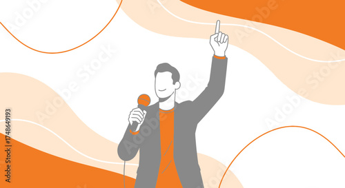 Speaker Giving A Speech With Microphones And A Geometric Abstract Background