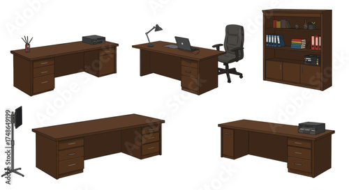 Office Furniture Collection with Desks, Chairs, and Bookcases