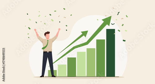 Success and growth concept of business, showing a man celebrating financial achievements
