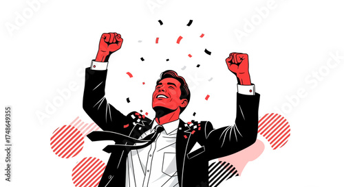 Success and Celebration of a Businessperson with Confetti Falling Down, Illustration
