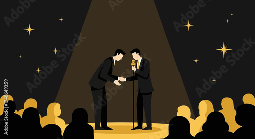 Success and partnership concept: Two Men Shaking Hands, On Stage, with Audience