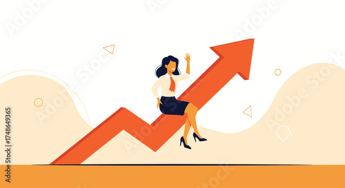 Success and Progress in Business: Woman Riding an Increasing Arrow Symbolizing Achievement