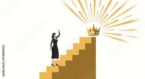 Success concept businesswoman climbing up to the crown on stairs vector illustration