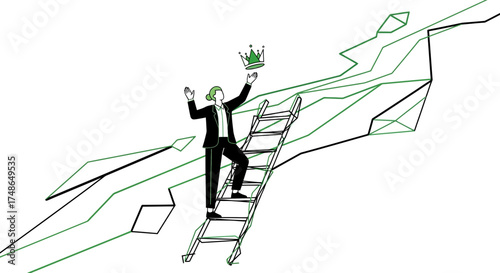 Success concept vector illustration of a businesswoman reaching for the crown