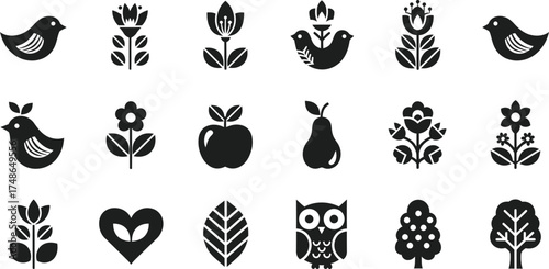 Set of Black Folk Art and Scandinavian Style Nature Icons - AI Generative