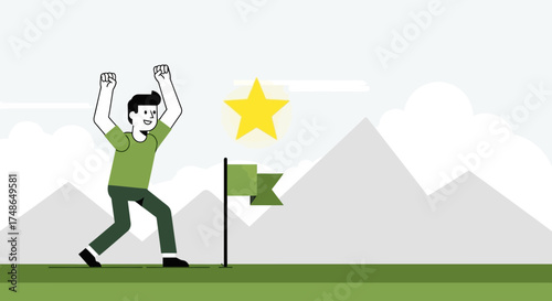 Success illustration: A man celebrates achieving his goal with a star representing ambition