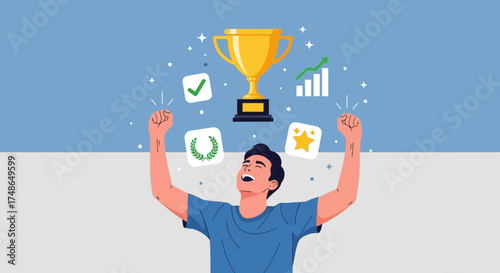 Success Illustration: Happy Person Celebrating Victory and Achievement with a Trophy
