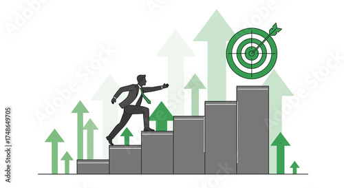 Striving For Success: A Businessman Climbs Towards The Target Using Arrows