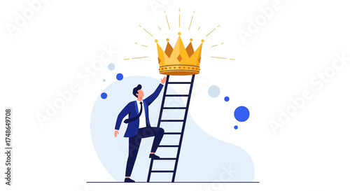 Success Through Perseverance Depicted As Ambitious Man Reaching The Crown Of Achievement