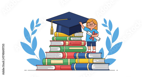 Student Celebrates  Graduation Success, Standing on Books Holding a Diploma Proudly