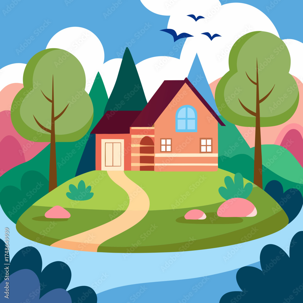 Fototapeta premium Cartoon house on a green hill with trees and mountains