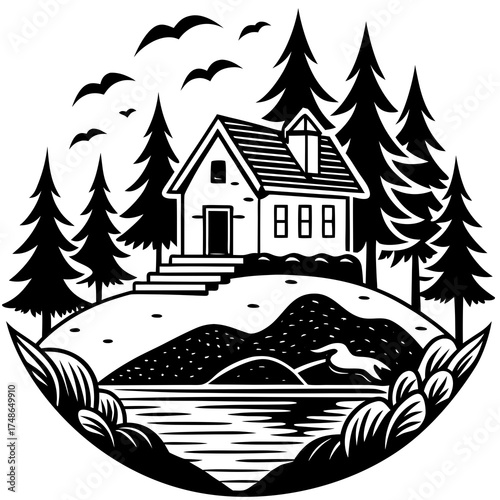 Black and White Silhouette of a Lakeside Cabin with a Crane
