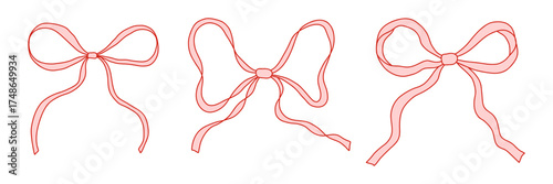 Set of hand drawn ribbon bows in coquette style. Cute feminine decorative elements for digital design, scrapbooking, planners, invitations, packaging, and social media. Isolated on white vector art
