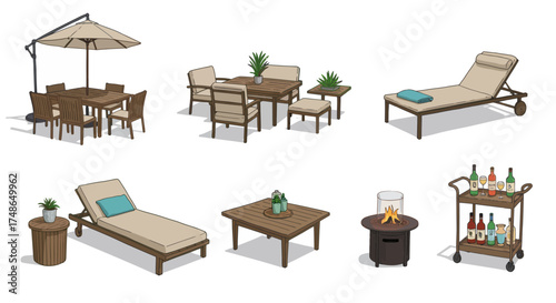 Outdoor Furniture Collection Featuring Tables, Chairs, Lounge Chairs, And A Bar Cart For Patio And Garden Spaces