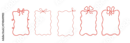 Collection of hand drawn ribbon bow frames in coquette style. Cute decorative borders for Christmas cards, wedding invitations, scrapbooking, packaging design, digital projects, and social media