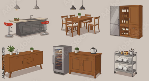 Collection of kitchen and dining furniture, including a large island, dining table, buffet, wine cooler, and serving cart