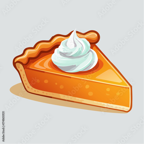 A delicious slice of pumpkin pie with a swirl of whipped cream on top, presented in a clean vector illustration style.
