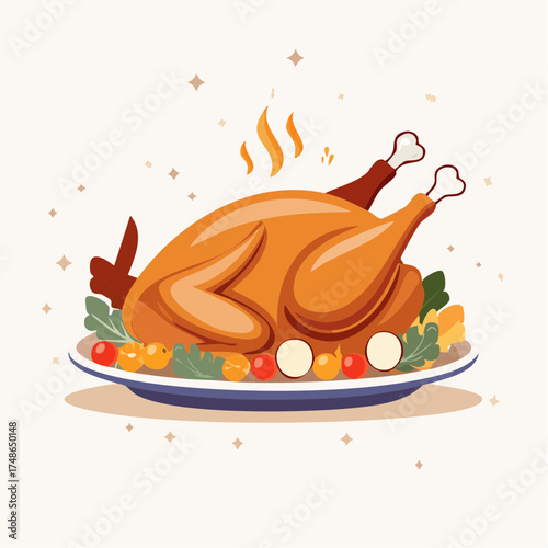 A beautifully roasted golden-brown turkey served on a platter with garnishes, ready for a festive meal.