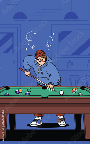 Cartoon man in a blue hoodie plays pool in a bar with light fixtures above