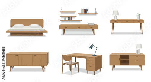 A collection of wooden furniture for home decor, including beds, desks, and shelves