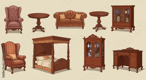 A Collection of Antique Wooden Furniture, Including Chairs, Sofas, Beds, and Cabinets