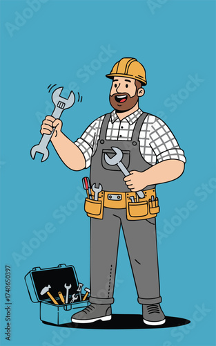 Cartoon tradesman in gray overalls a tool belt  helmet holding wrenches next to an open toolbox on a solid blue background