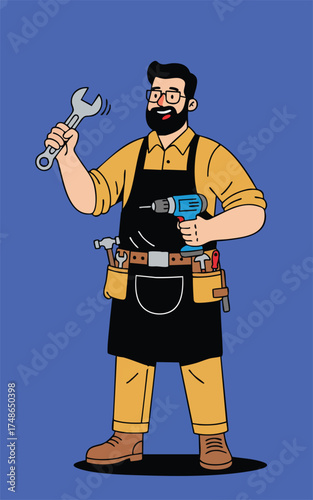 Cartoon tradesman smiling holding wrench and drill wearing toolbelt and work clothes on a blue background
