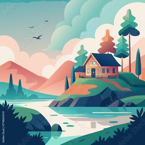 Lakeside house on a rocky outcrop with distant pastel mountains