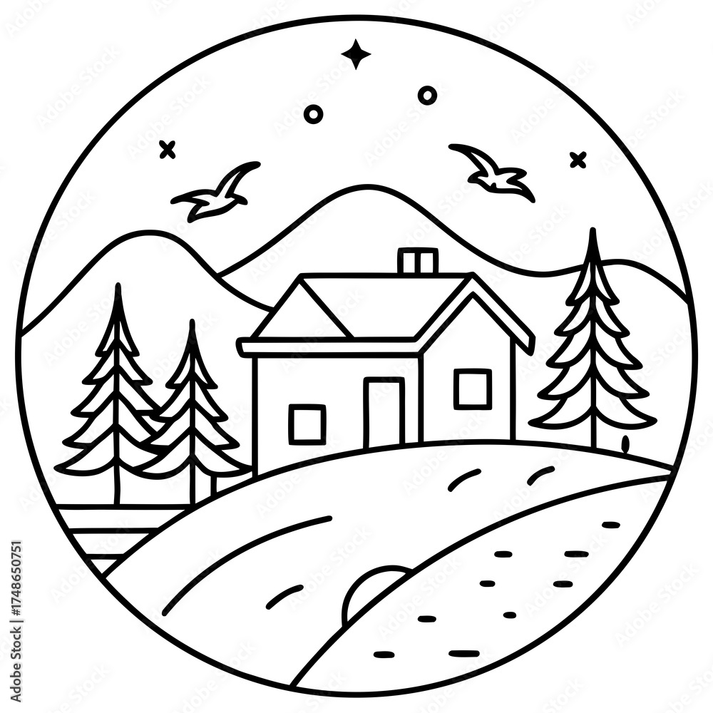 Fototapeta premium Simple Line Art Circle of a House on a Hill with Birds and Stars