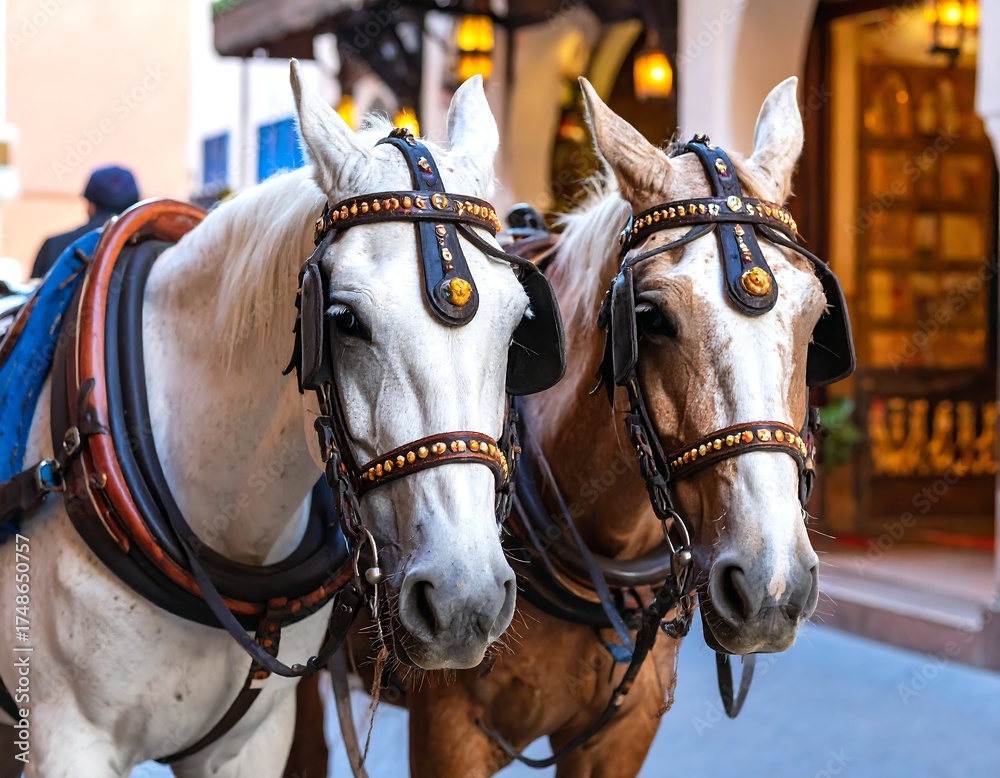 Obraz premium Two horses in ornate harnesses