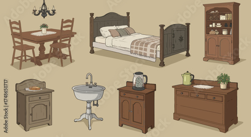 Collection of antique wooden furniture for home decor, including dining table, bed, wardrobe, sink, and cabinet