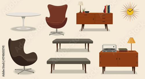 A collection of vintage furniture, including chairs, tables, and cabinets, presented in a flat design style