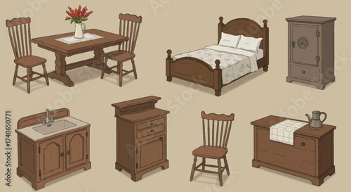 Collection of antique wooden furniture including a dining table, chairs, bed, dresser, washstand, and safe