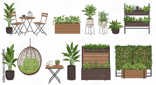Modern outdoor furniture and plant display units for creating a green living space and garden oasis