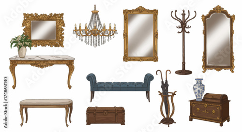 Collection of antique furniture and decorative items including mirrors, chandeliers, benches, and chests for interior design