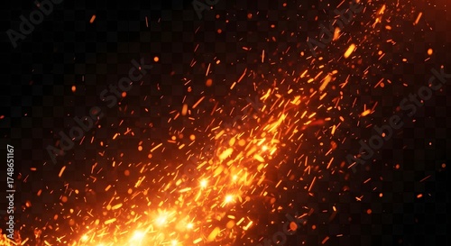 Fiery sparks erupting from a bright orange flame against a dark background, creating a dynamic and energetic visual effect
