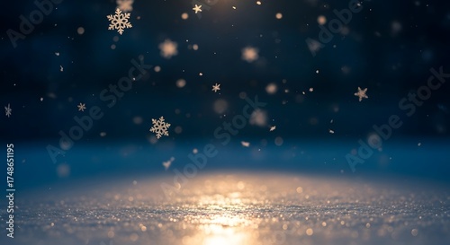 Magical snowfall at dusk, with snowflakes gently falling on a frozen surface illuminated by soft light