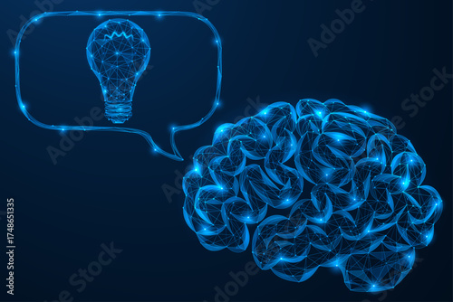 A digital brain that generates ideas. A glowing neural network with a speech bubble and a light bulb, embodying creativity, innovation and inspiration from artificial intelligence.