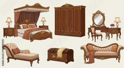 Exquisite antique bedroom furniture set with a canopy bed, chaise lounge, wardrobe, and vanity table