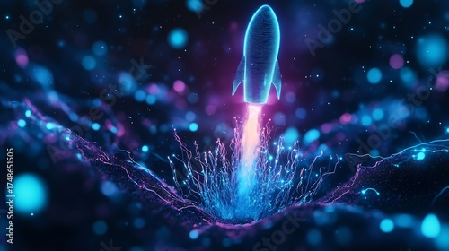 Futuristic rocket launching into a vibrant nebula with glowing particles