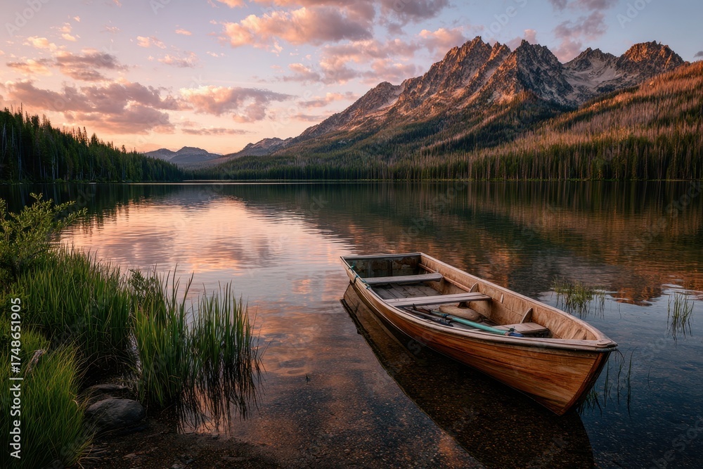 Obraz premium Serene Idaho Nature: Fishing Boat on Little Redfish Lake at Sunset with Majestic Mountains in Background