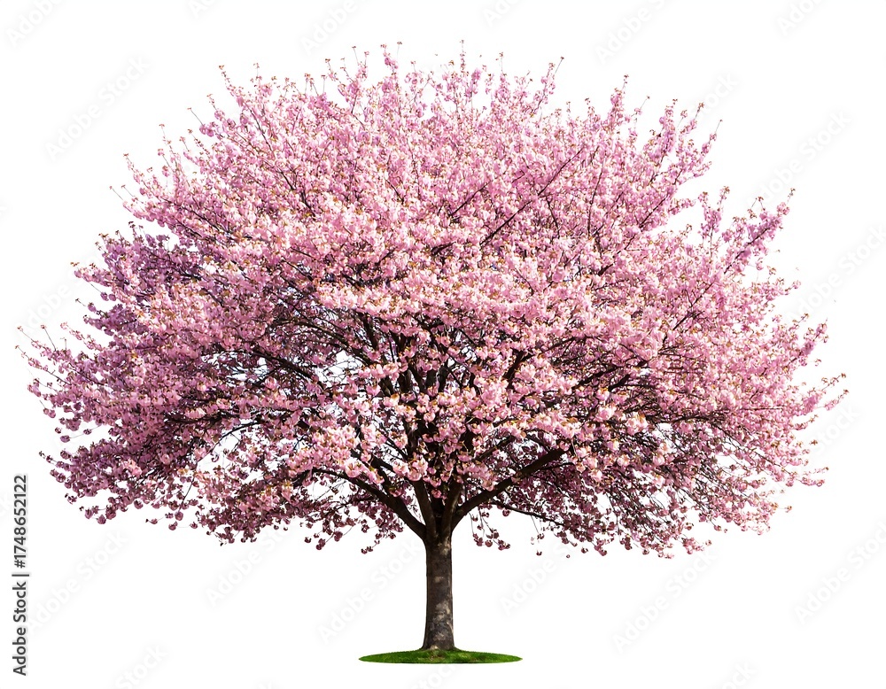 Fototapeta premium Vibrant cherry blossom tree against a plain white background