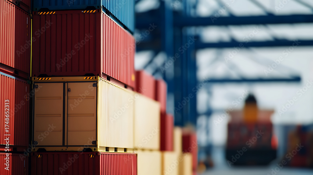 Fototapeta premium Shipping containers stacked at a commercial port, ready for export and import operations. Maritime logistics and global trade concepts.