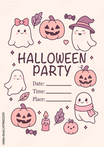 Cute Halloween party invitation with ghosts, pumpkins, and candies